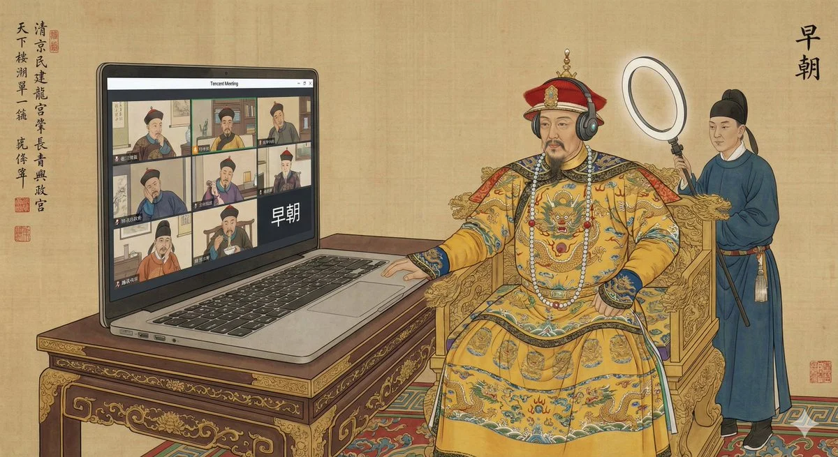Estilo pictórico de la dinastía Qing con elementos modernos: El emperador en una "reunión de Tencent".
