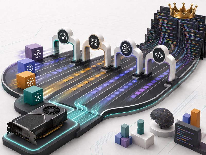 Local LLM models racing through benchmarks toward a wall of computer code topped by a crown