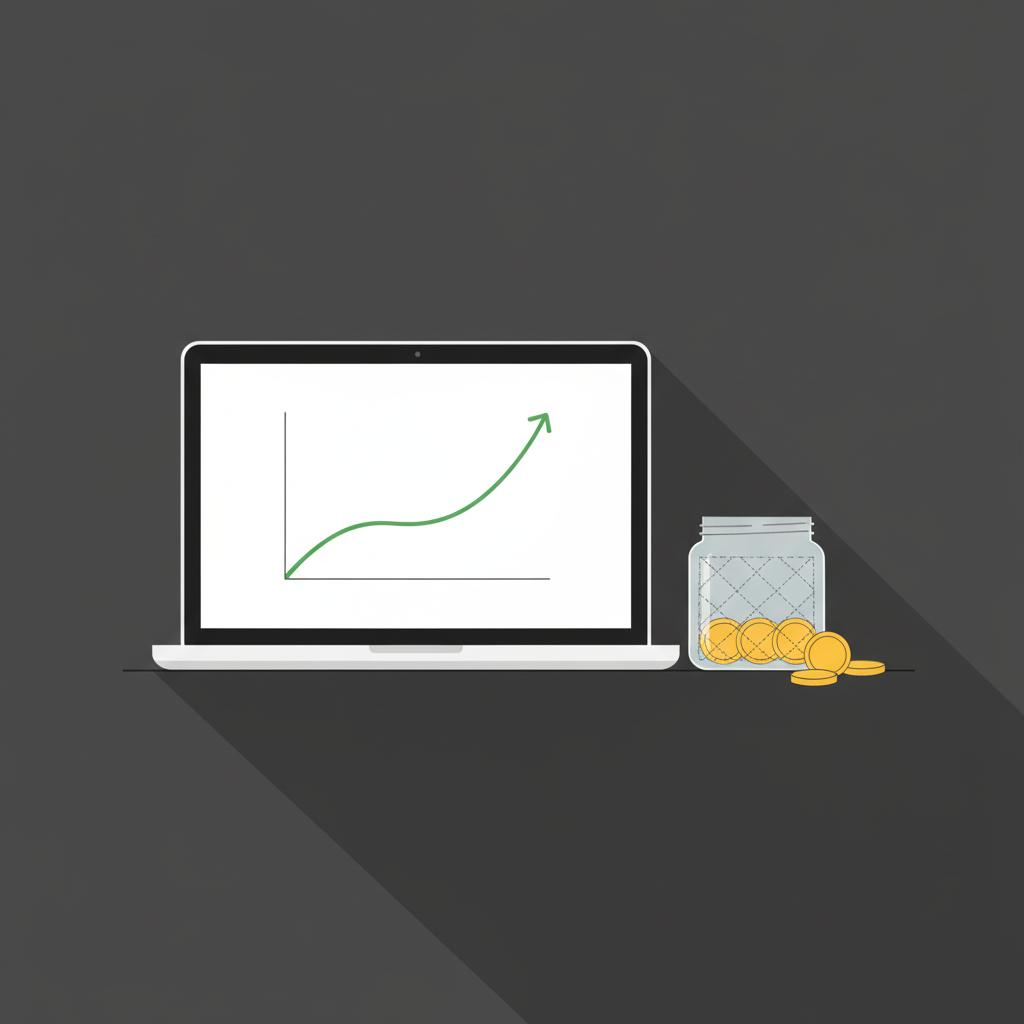 Minimal 2D vector desktop with laptop showing slow upward chart jar of savings and scattered coins representing investing when broke