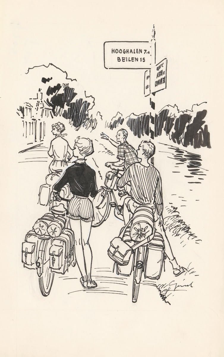 Vier fietsers bij een wegwijzer 20th century