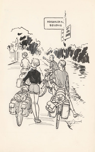 Vier fietsers bij een wegwijzer 20th century