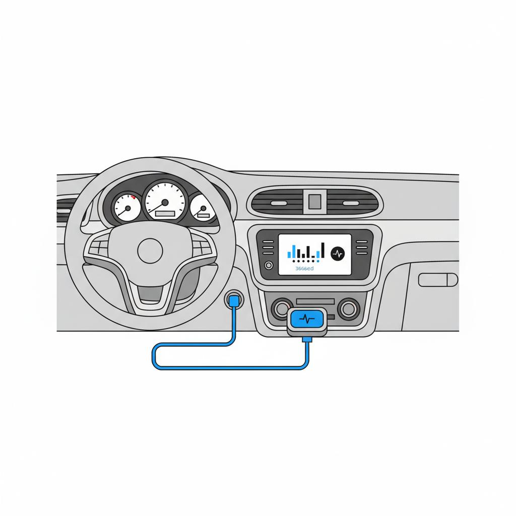 bmw m340i for sale OBD II scanner connected to a clean dashboard showing a minimalist diagnostic readout of bars and dots on a white background