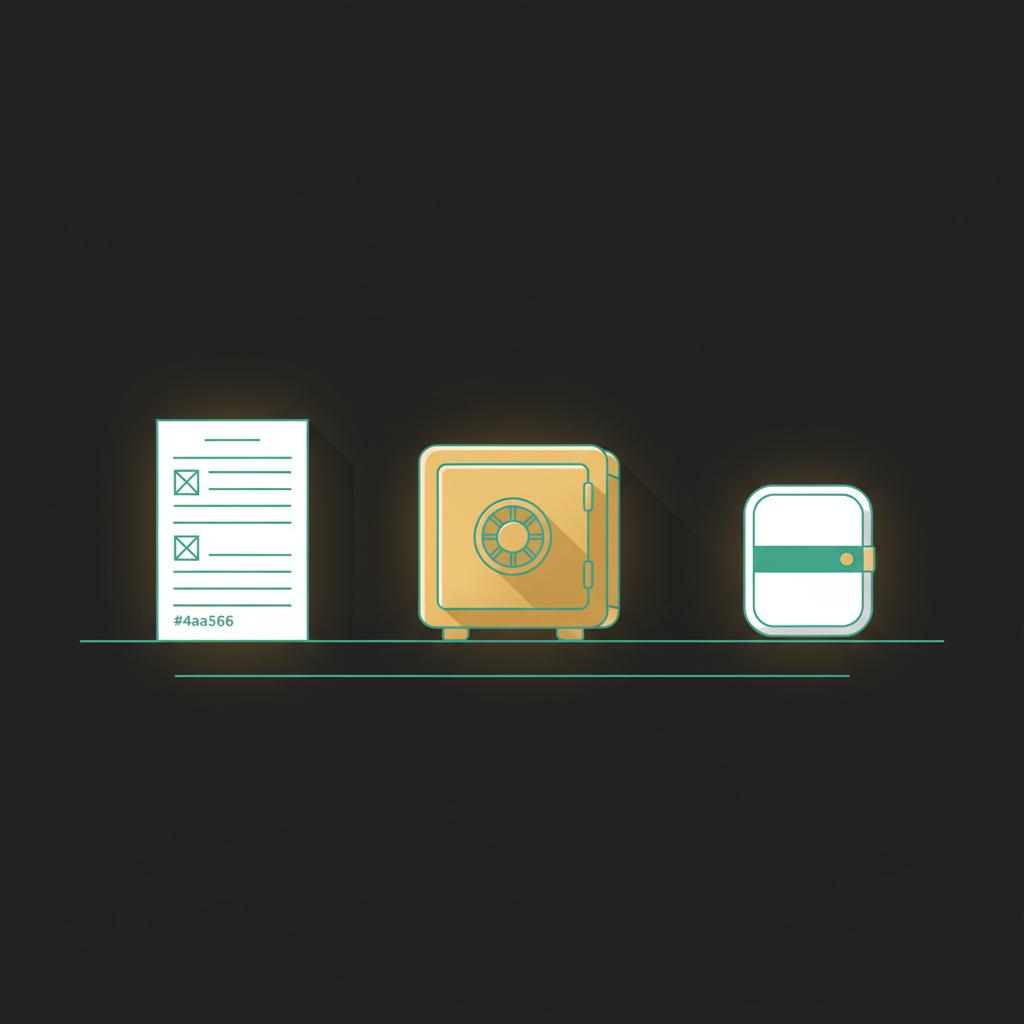 Minimalist 2D vector of a paper backup sheet metal safe and a small hardware wallet on a dark background with Robinhood green and gold accents