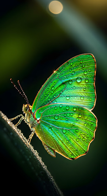 Emerald Green Butterfly Macro Photography with Sparkling Dew Drops - Free mobile Wallpaper