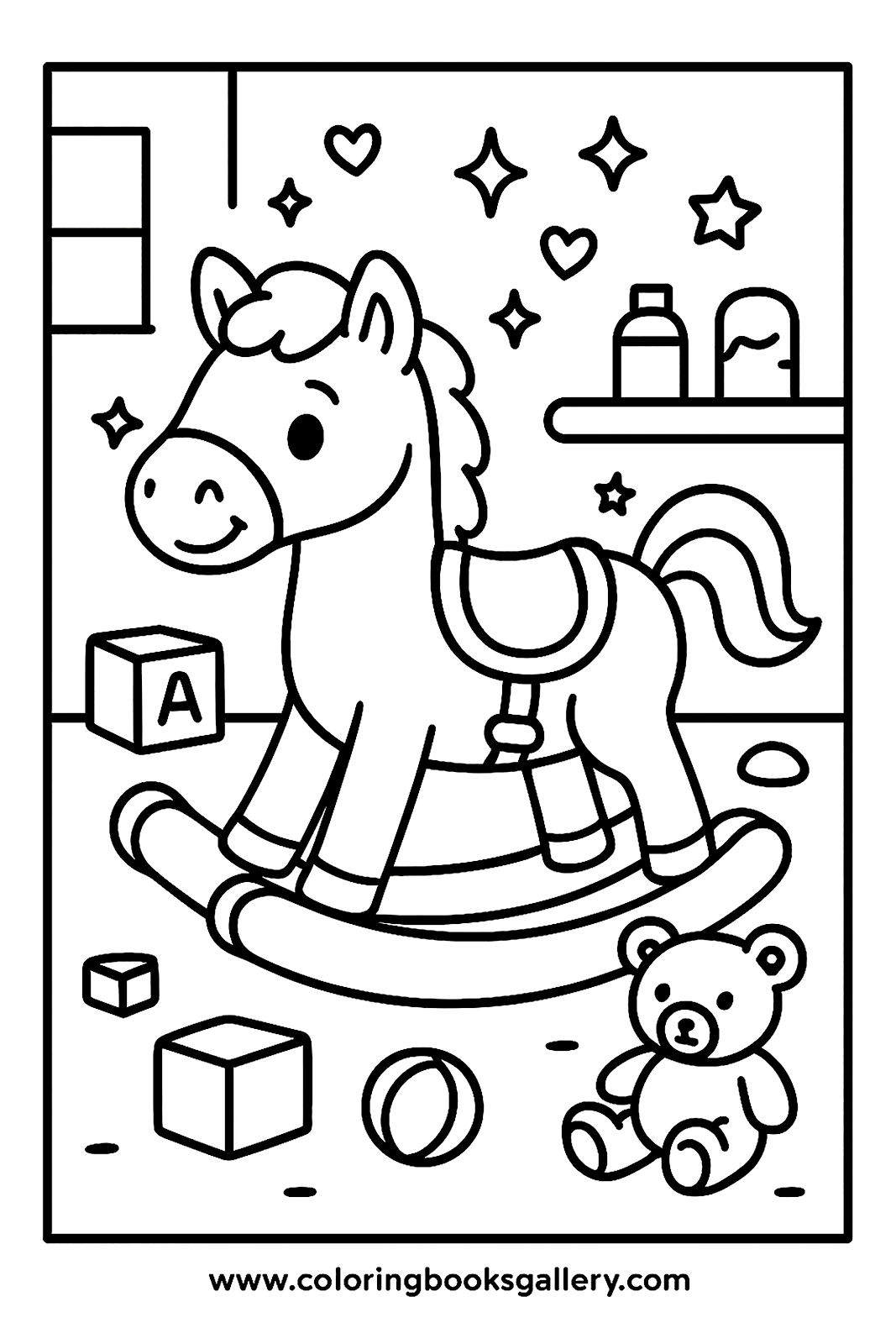 Rocking Horse in a Playroom – Free Printable Coloring Sheet for Kids and Adults – free coloring page for kids