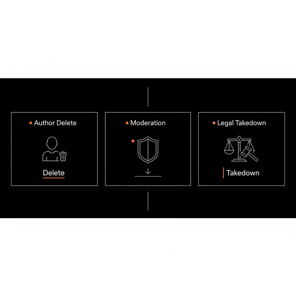 Minimal vector infographic of three removal pathways—author delete, moderation, legal takedown—on black background. how long do Glassdoor reviews stay on site