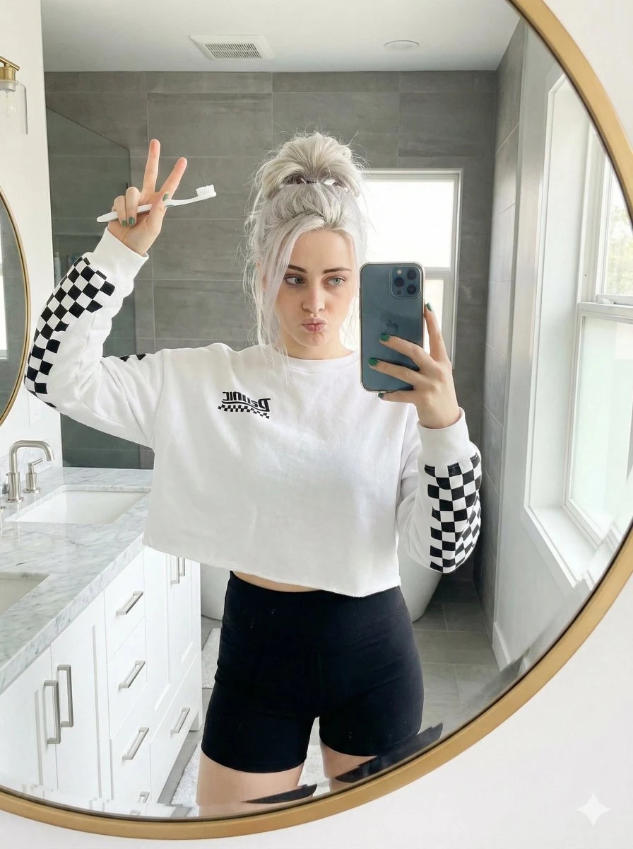 Selfie en el espejo del baño con cabello rubio platino