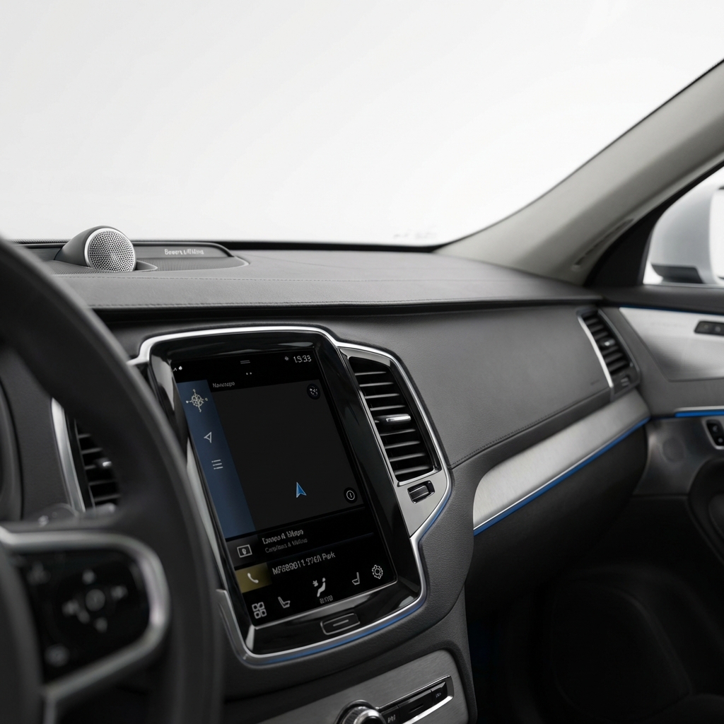 Close up of Volvo XC90 dashboard showing Bowers and Wilkins speaker grille and infotainment screen highlighting materials and trim, xc90 volvo price