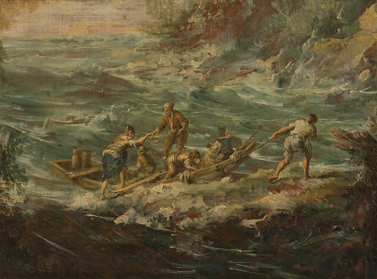 A Mediterranean landscape with figures boarding a boat in choppy seas
