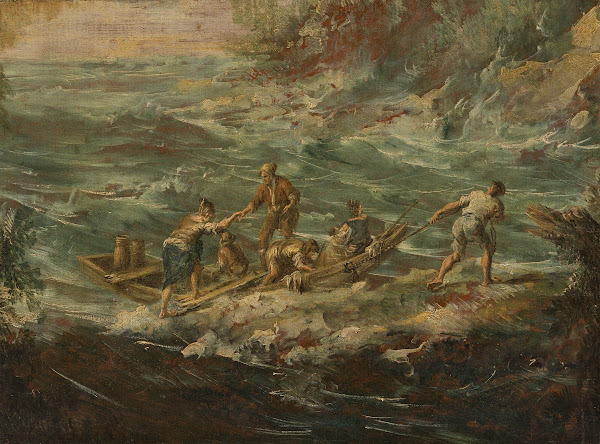 A Mediterranean landscape with figures boarding a boat in choppy seas