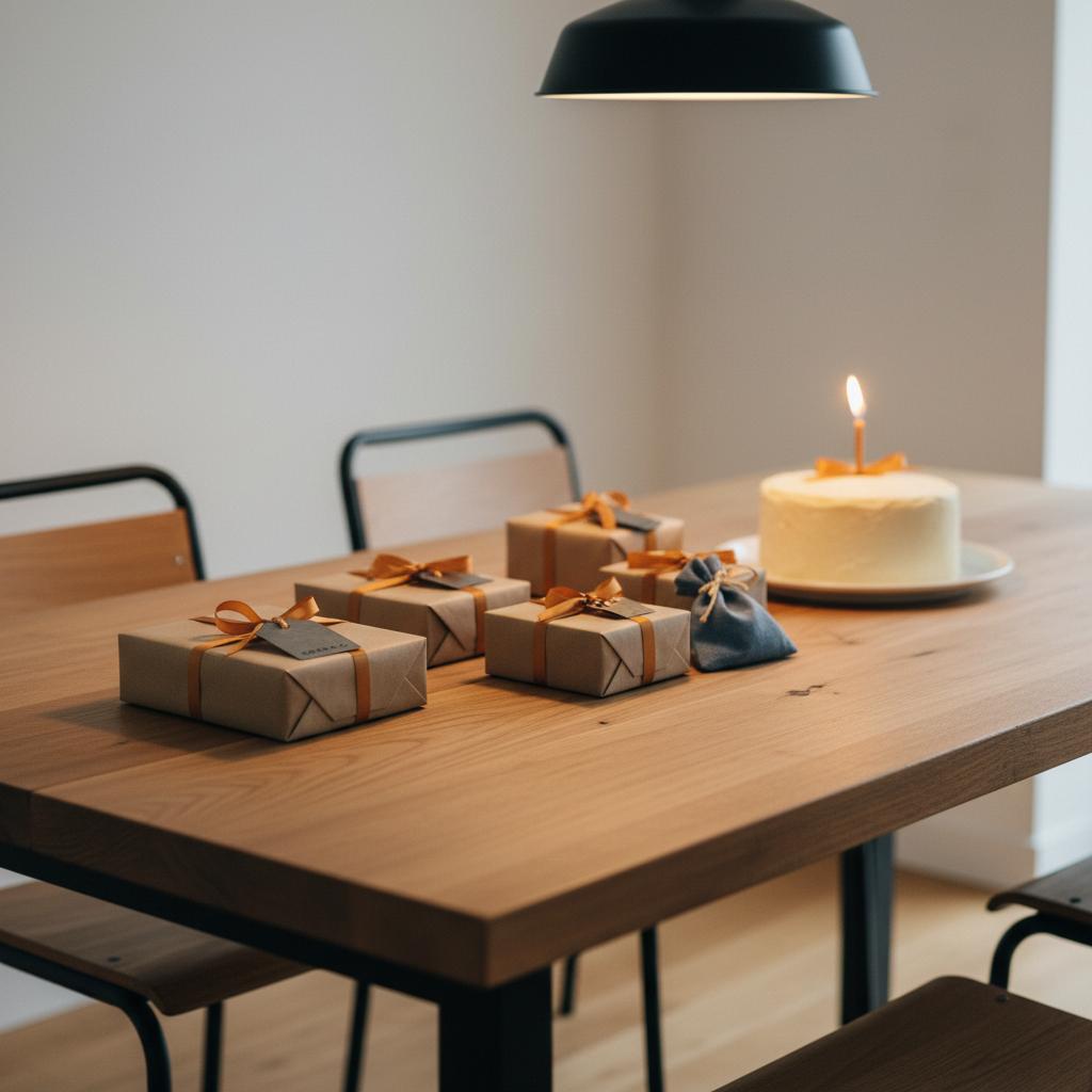 Minimalistischer Esstisch mit kleinen Geschenkboxen, Vanillekuchen, Metallanhängern und warmem Licht im industriellen Stil – geschenkideen hochzeitstag