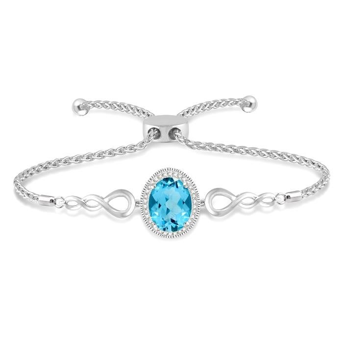 Silver Oval Shape Gemstone & Diamond Lariat Bracelet