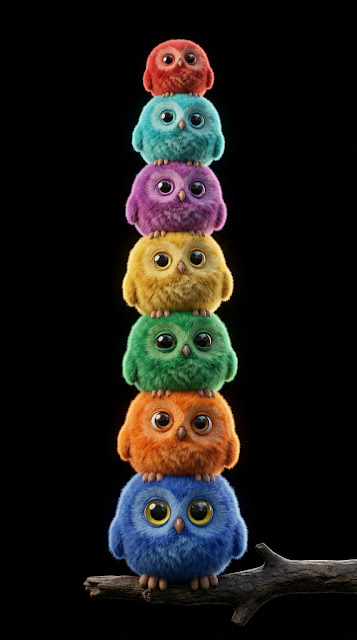 A Vertical Stack of Seven Colorful Fuzzy Owls on a Branch - Free mobile Wallpaper