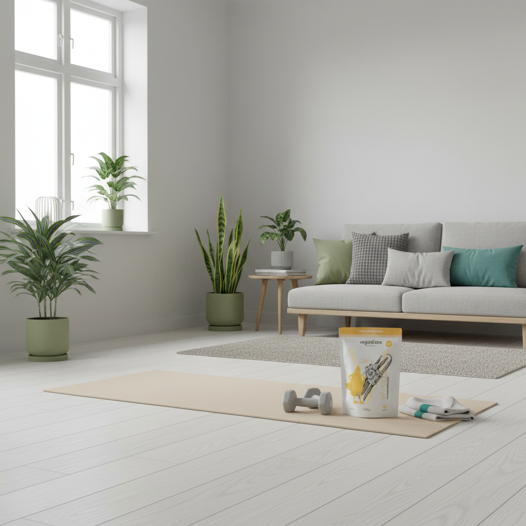 Minimalistische Heimtrainingsszene im hellen Wohnzimmer mit Yogamatte, Kurzhanteln, Pflanzen und dem Produkt aus den Referenzfotos – motivierend für kaloriendefizit.