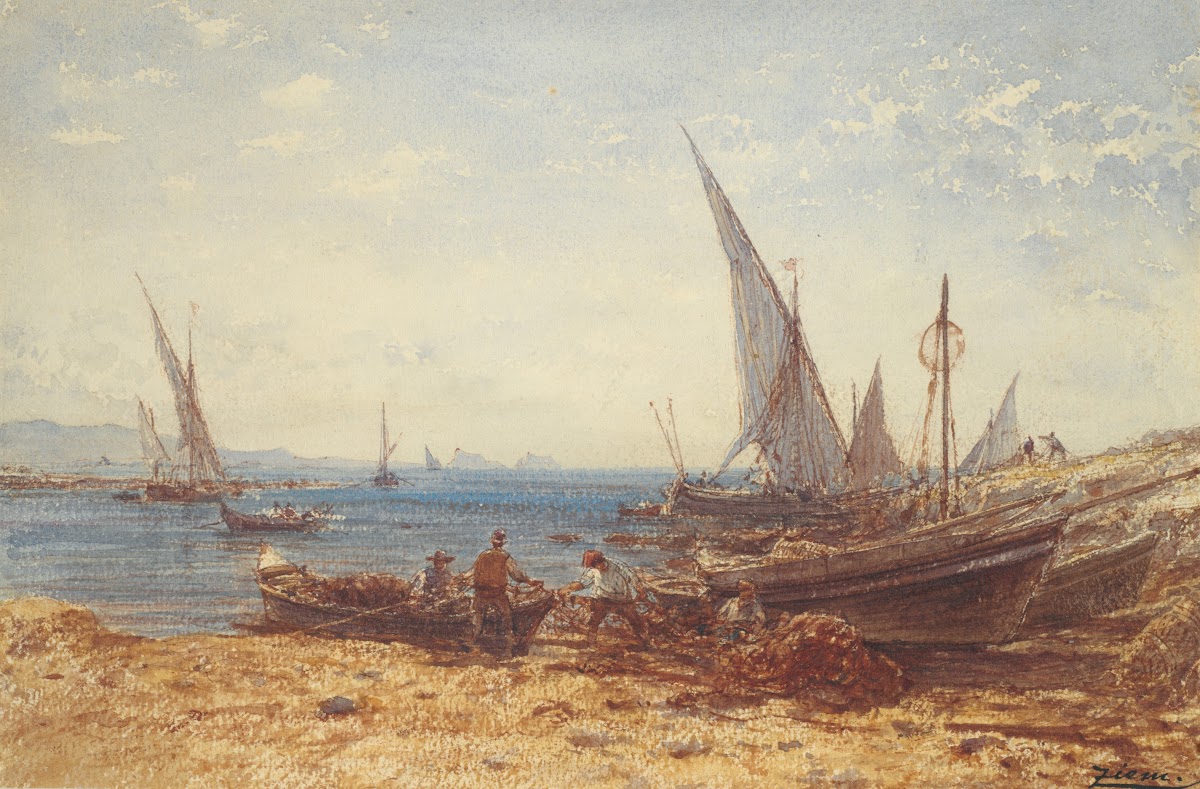 Fishermen and boats at watersedge 19thcentury