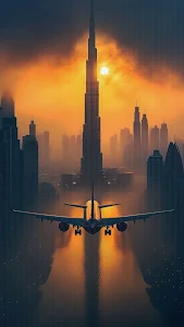Dramatic Airplane Approach Dubai City Skyline Sunset Glow