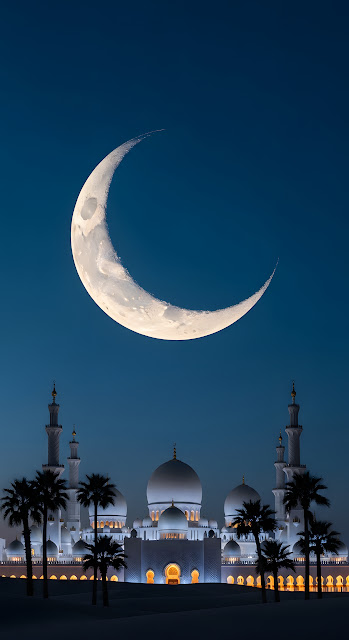 Cinematic Blue Night Photograph of a White Mosque and Palm Trees Beneath a Massive Crescent Moon - Free mobile Wallpaper
