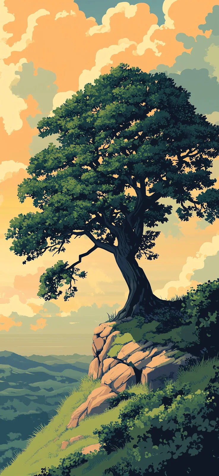 Lone Tree On Rocky Cliffside - Stylized Digital Illustration 2K iPhone Wallpaper (1720x3728)