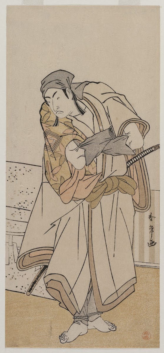 Ichikawa Monnosuke II Standing Beside A Stone Box C 1780