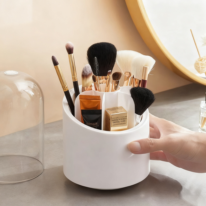 Rotating cosmetic organizer with lid