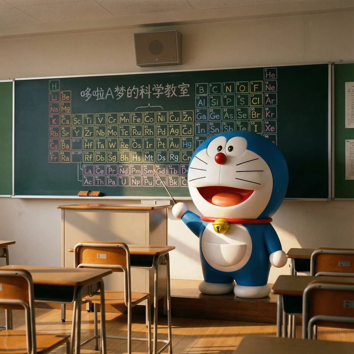 Foto hiperrealista de un aula de ciencias de Doraemon