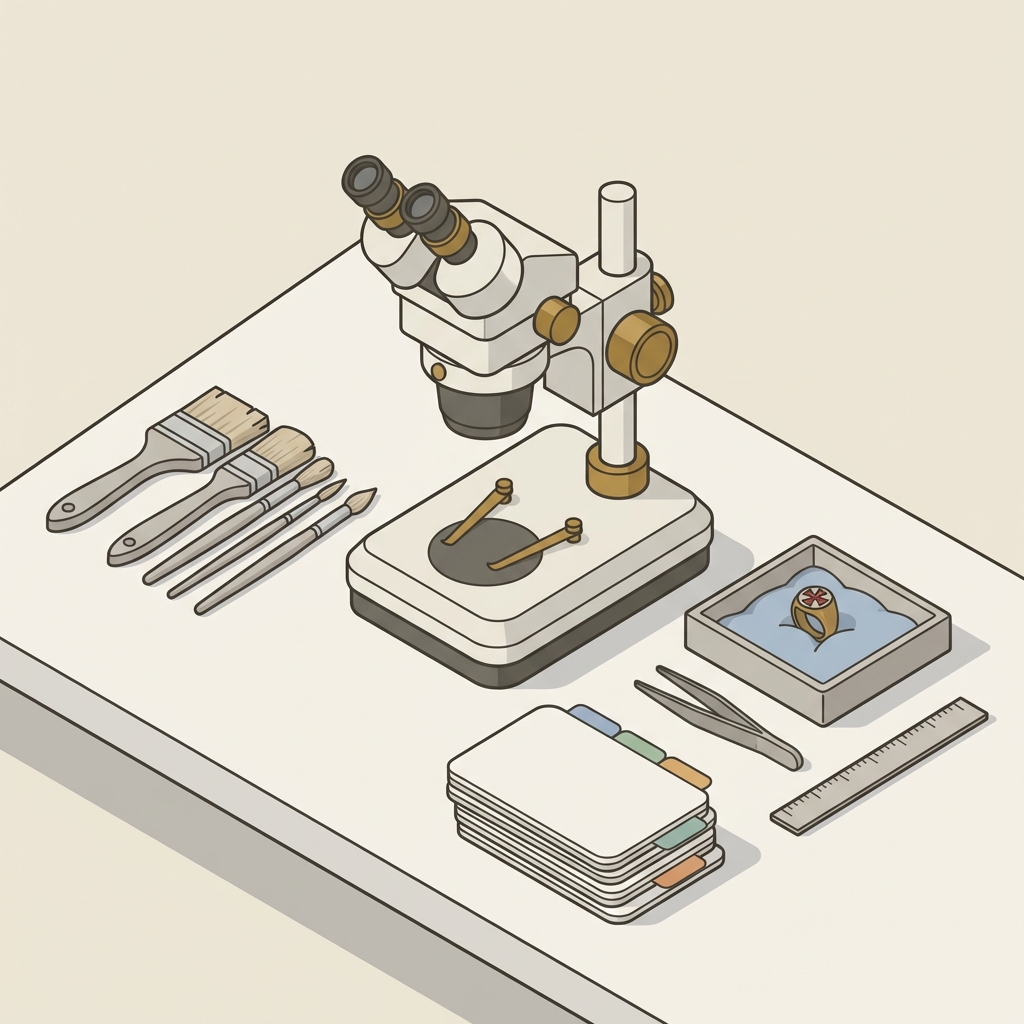 Minimalist vector conservator bench with microscope brushes padded tray holding an antique knights templar ring blank labelled notes in Aurora Antiqua palette