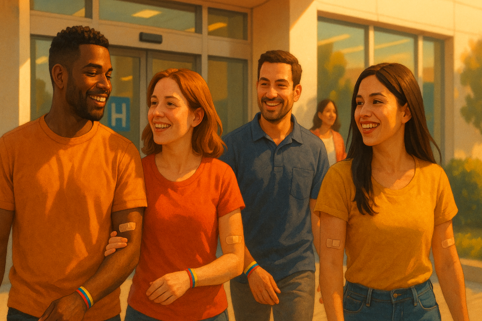 Venezolanos en la diáspora tras donar sangre, con curitas en los brazos y sonrisas