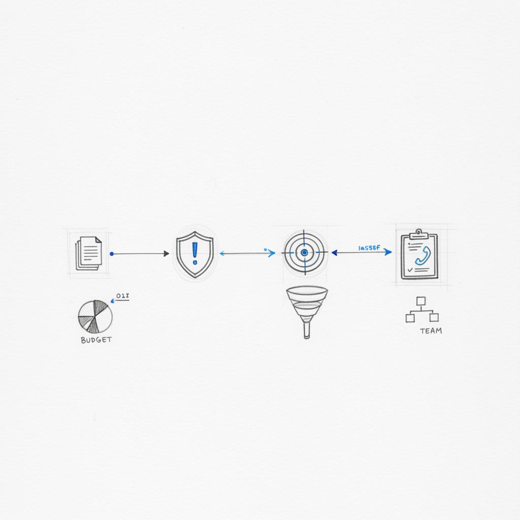 Hand-sketched flowchart on a white notebook page showing icons for ad copy, disclaimers, targeting settings and intake script in minimalist Agency Visible style &mdash; Why was lawyer advertising banned?