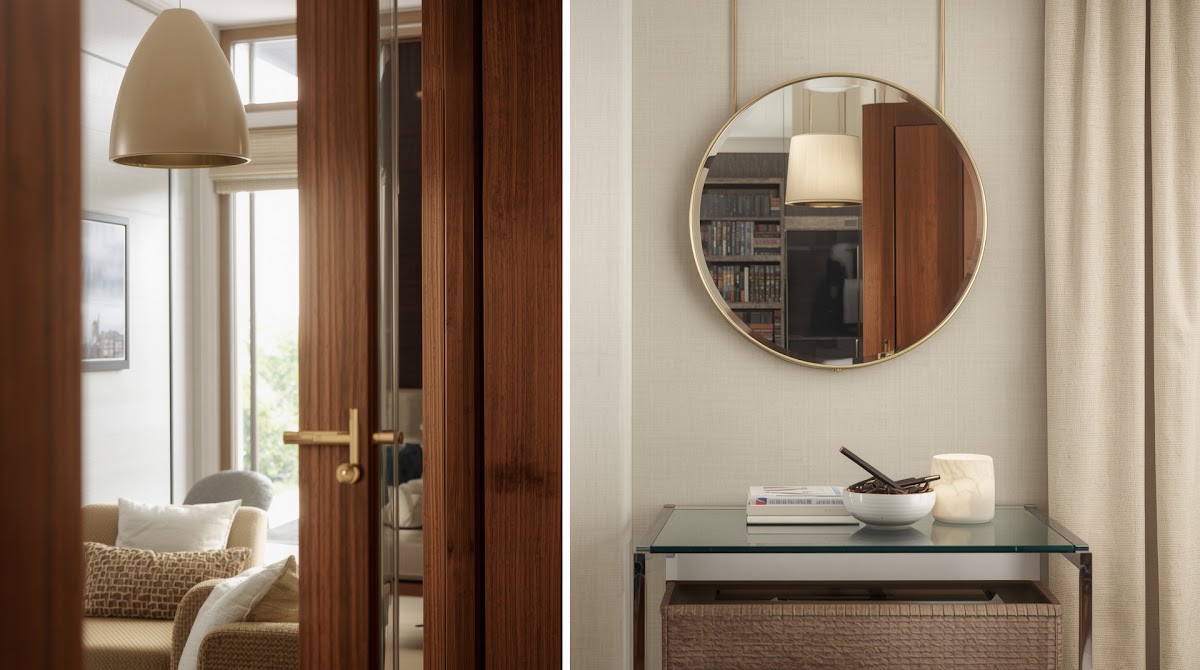 How to Use Chrome Mirrors to Make Small Rooms Feel Brighter - sculptural chrome lamp with warm wood bookshelf and chair