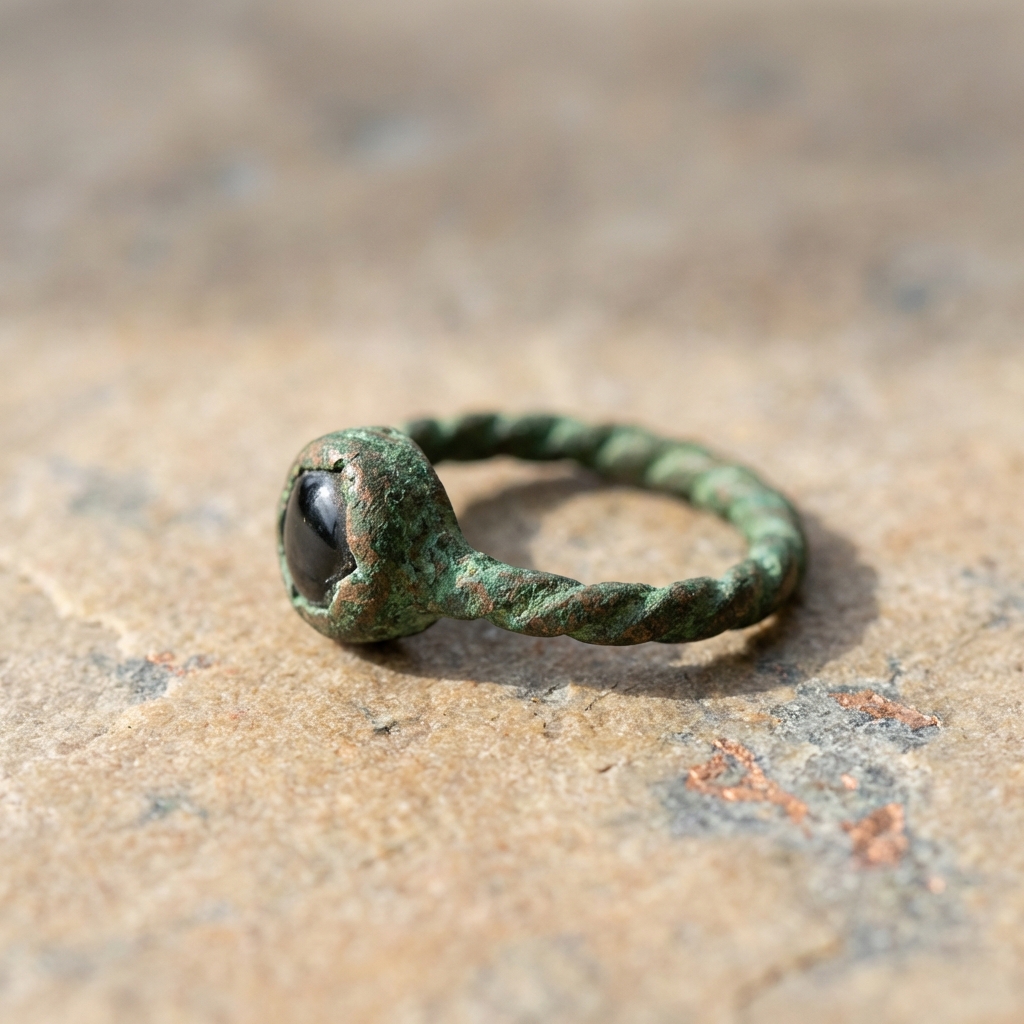 Macro close up of an ancient copper ring with stable green patina and smooth bezel and hoop showing texture without loose crusts on a beige ede7da background