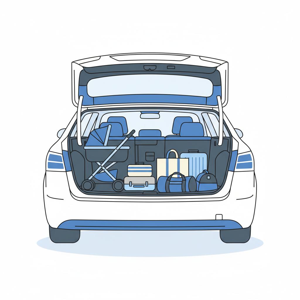Rear trunk and folded rear seat showing family cargo practicality in a used toyota camry for sale minimalist vector illustration