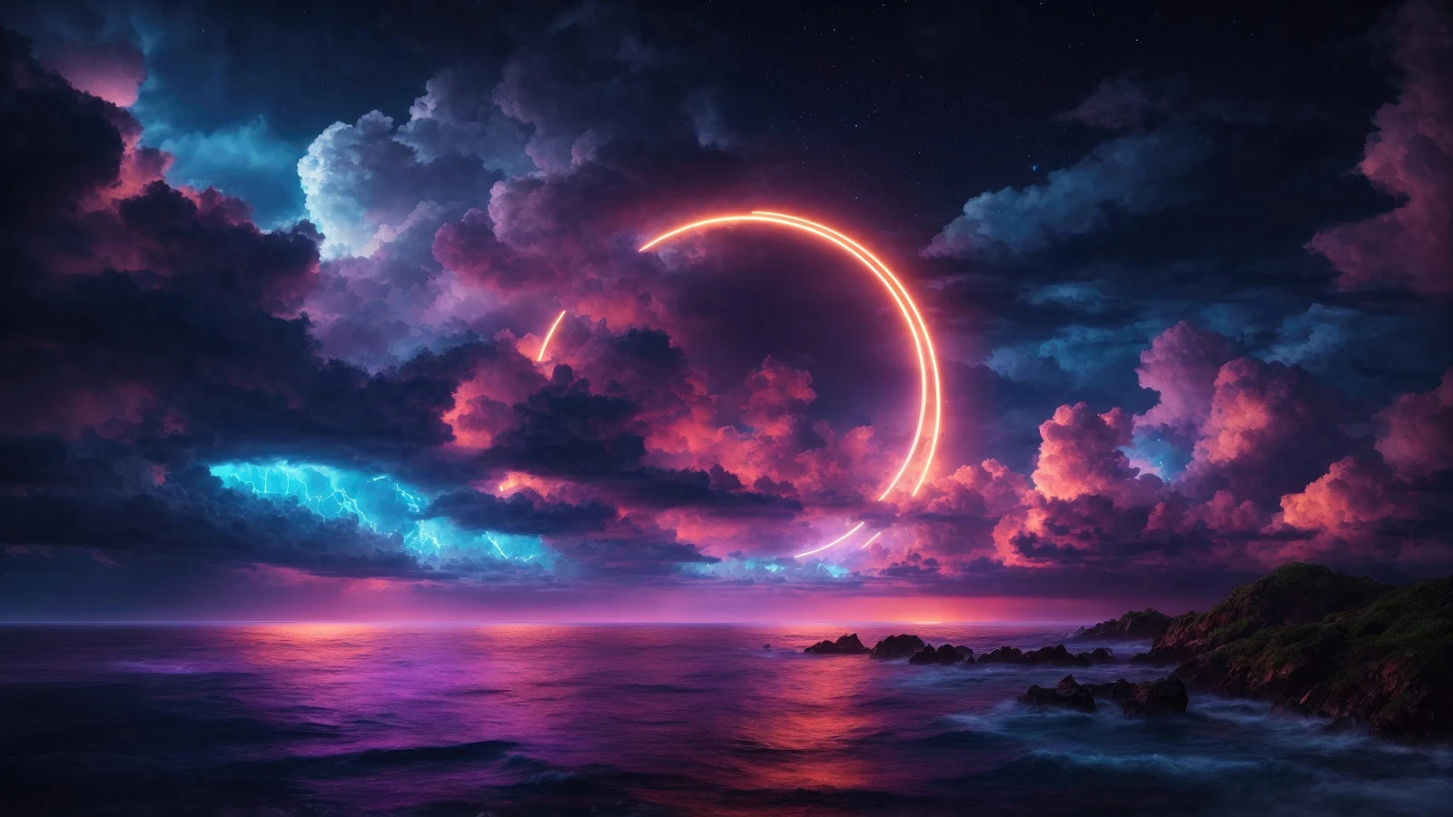 Neon, Seascape, Clouds, Lightning 4K Desktop Wallpaper Background [3840x2160] Free Download