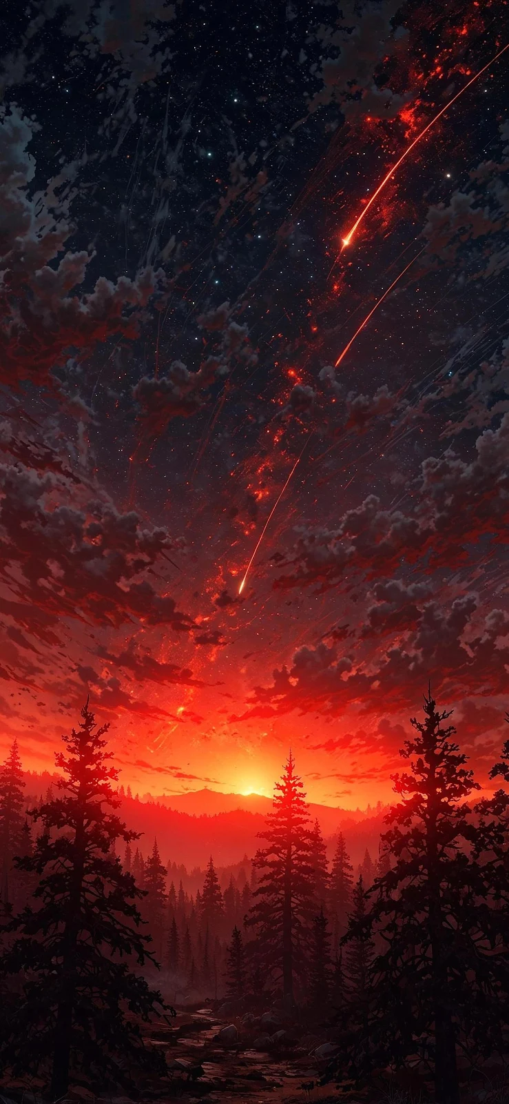 Fiery Sunset Over Dark Forest - Atmospheric Digital Art Full HD iPhone Wallpaper (1174x2543)