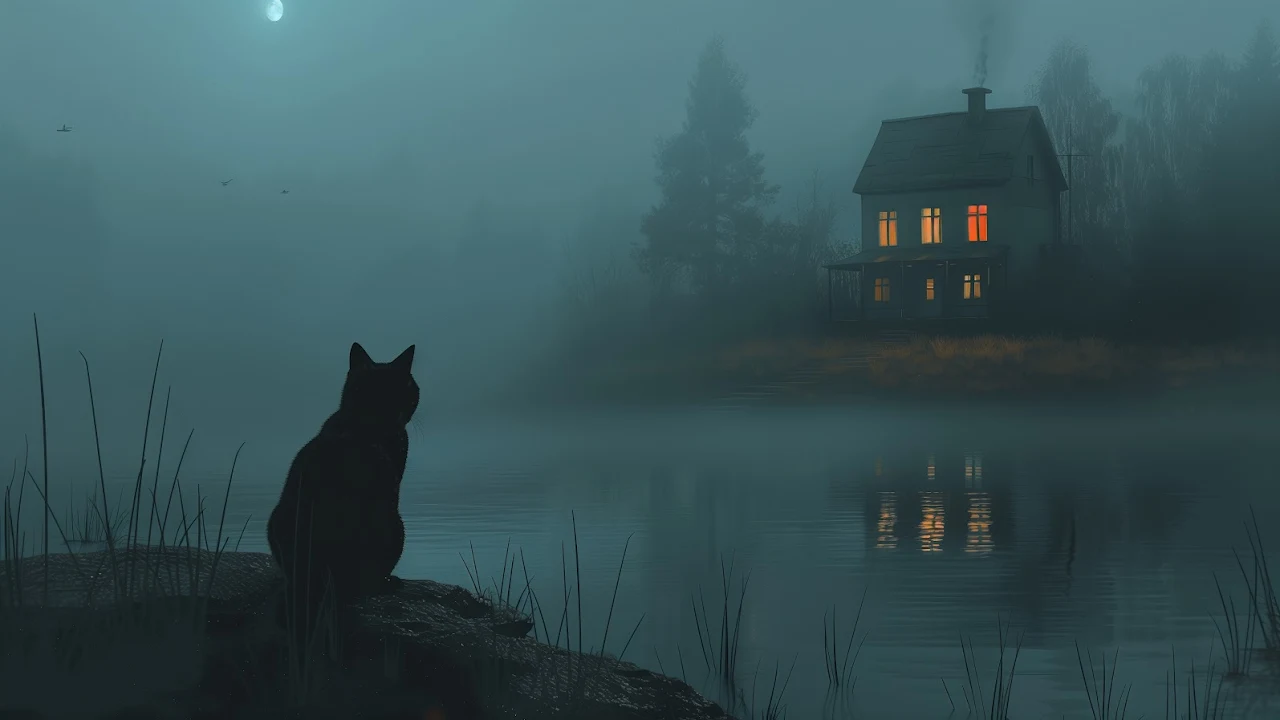 Ai Art, Illustration, Black Cats, House, Lake 5K Desktop Wallpaper