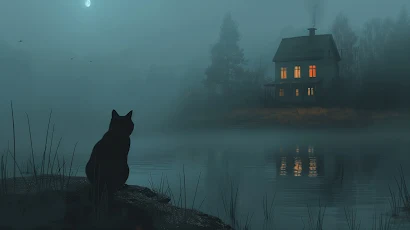 Ai Art, Illustration, Black Cats, House, Lake 5K Wallpaper Background