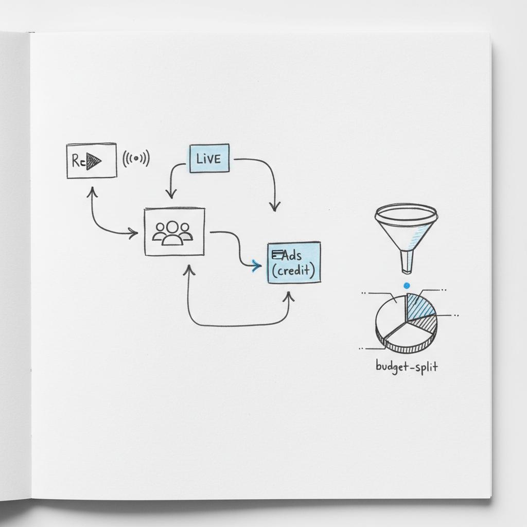 Minimal notebook spread with charcoal sketches of reels, live, groups, and ads icons connected by arrows with blue accents, illustrating how to run Facebook ads for free