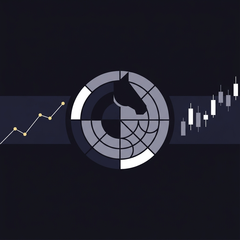 Minimal 2D vector sports emblem with geometric horse and basketball shapes combined with subtle market charts showing dallas mavericks prediction valuation trends