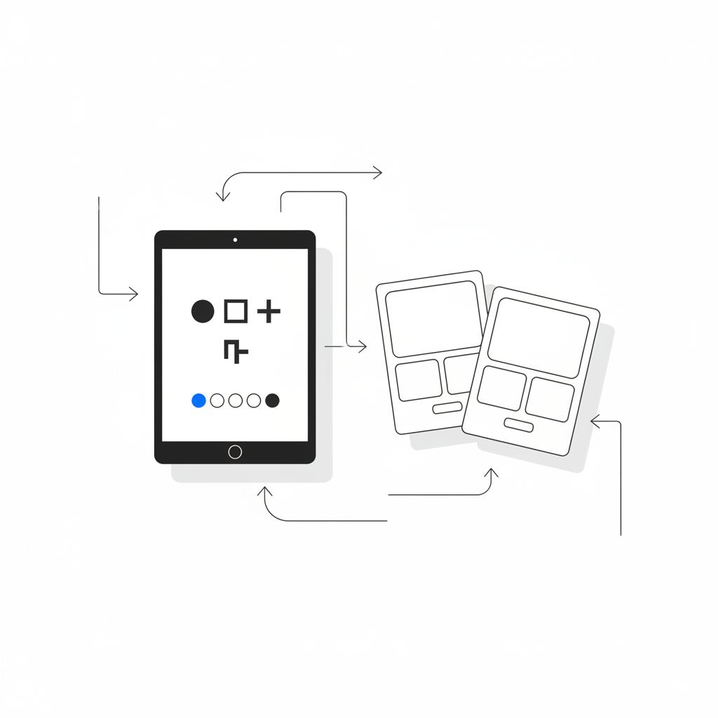 Overhead vector workspace with tablet showing a simple style guide and printed social templates in Agency Visible colors &mdash; brand identity design