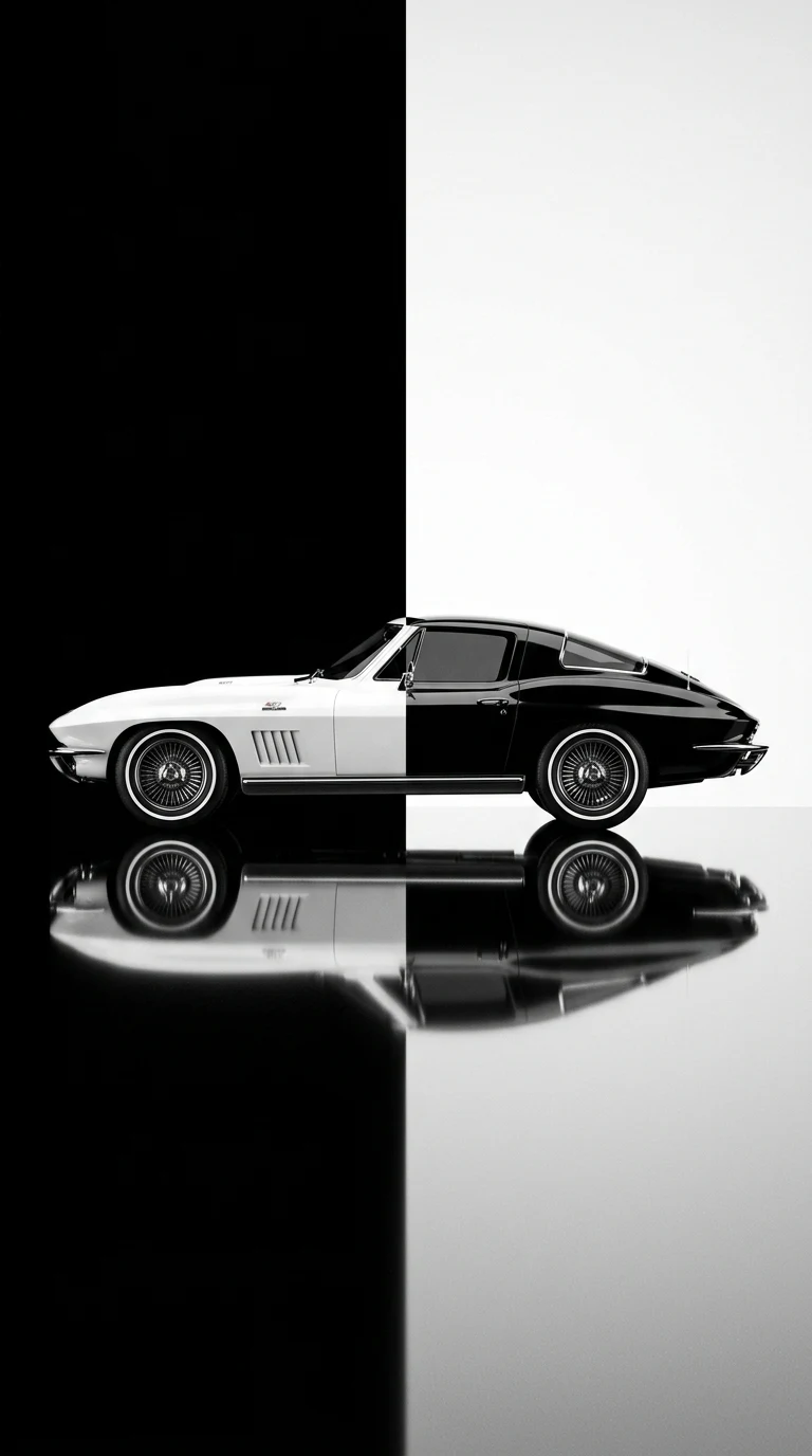 Minimalist 3D Render of a Classic Sportscar on a Split Black and White Background