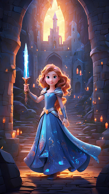 Fantasy Princess Warrior with Glowing Sword at Castle Entrance - Free mobile Wallpaper