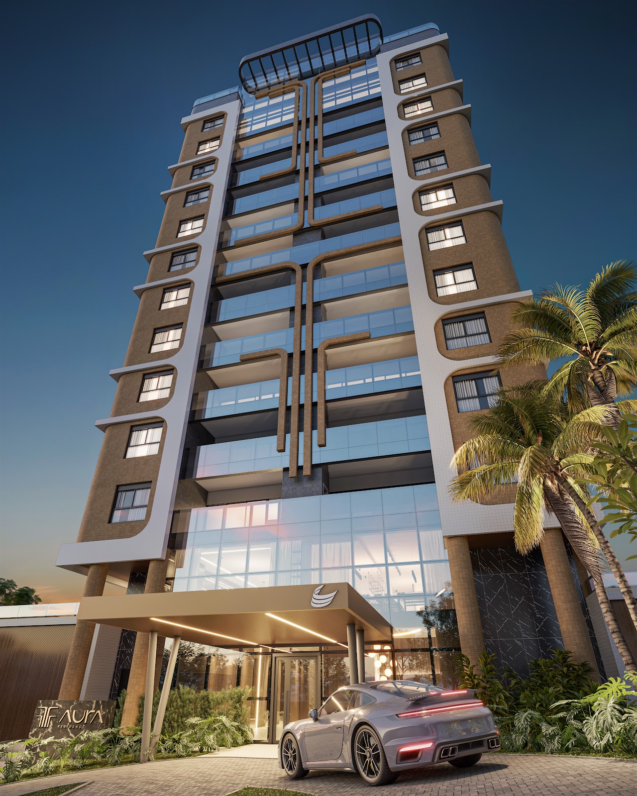 Aura Residence — fachada ao entardecer