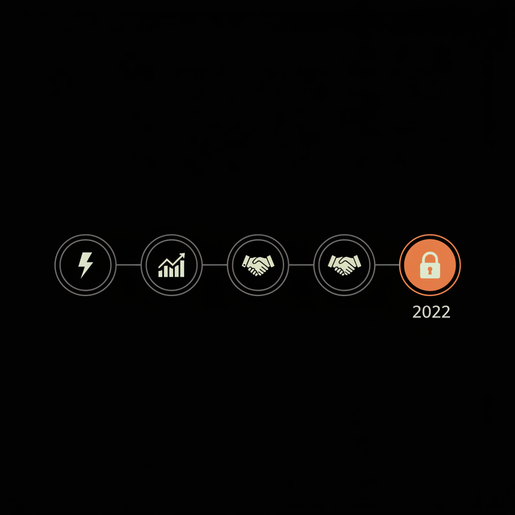 Who is the OG owner of Twitter — flat 2D vector timeline infographic with four icon nodes (lightning bolt, stock graph, handshake, lock), 2022 node accented orange on black background.
