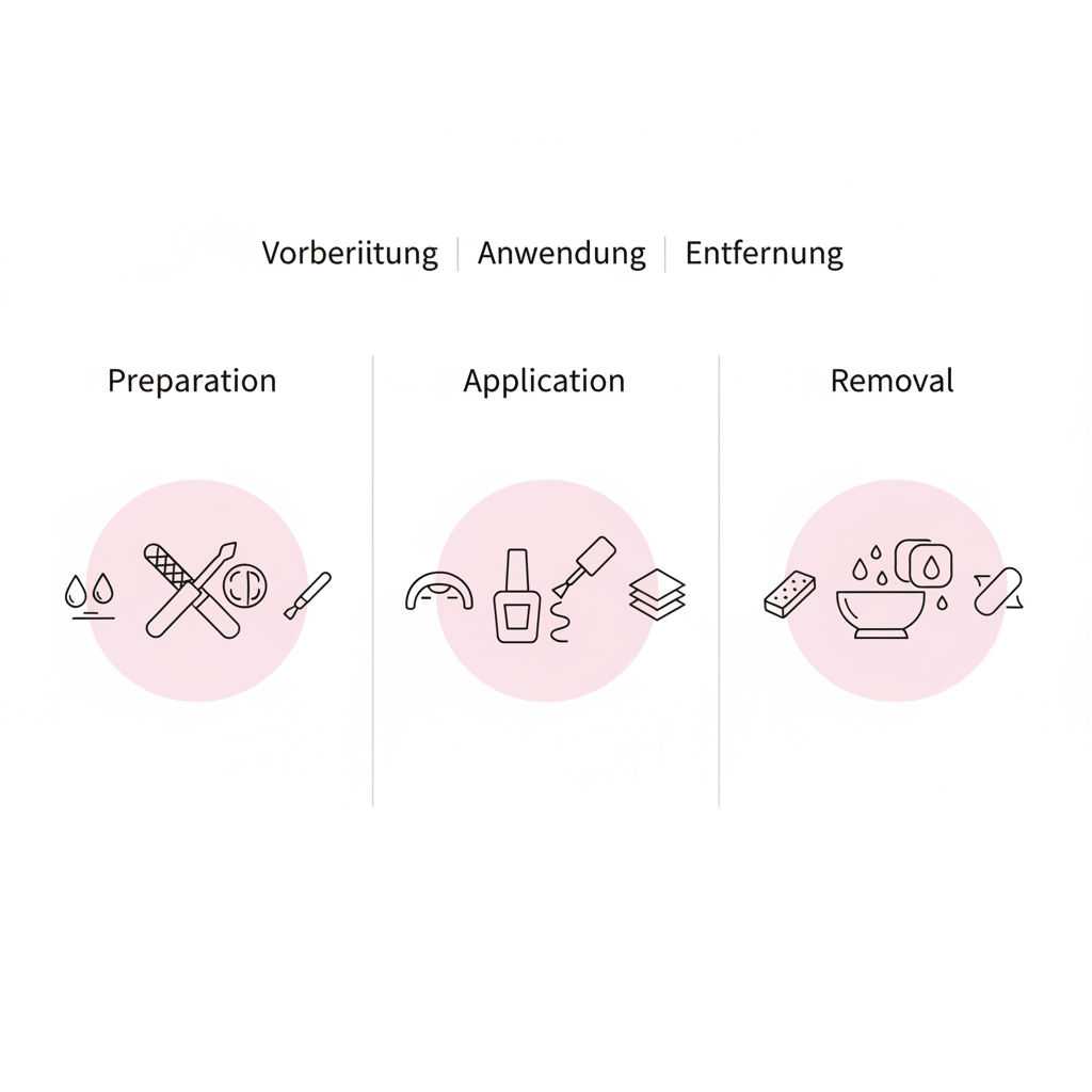 Minimalistische 2D-Vektor-Infografik mit drei Spalten (Vorbereitung, Anwendung, Entfernung) in NailX-Farben, geeignet für gel nails starter kit