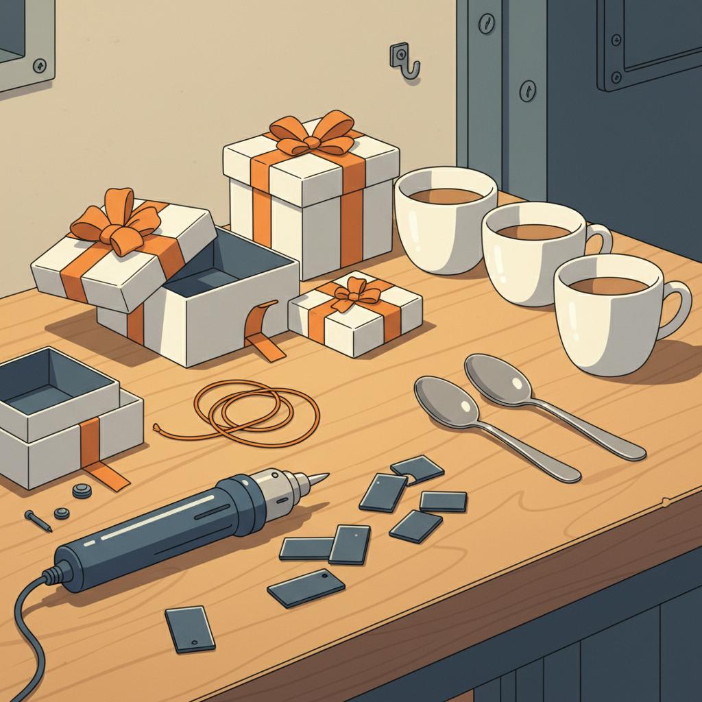 Minimalistische Vektorwerkbank mit Gravurstift, Metallplättchen, Schnur und Geschenkboxen in warmer industrieller Stimmung – was kann man für seine bff machen