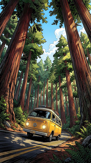 Retro Yellow Van Driving on a Road Through Giant Redwood Trees - Free mobile Wallpaper
