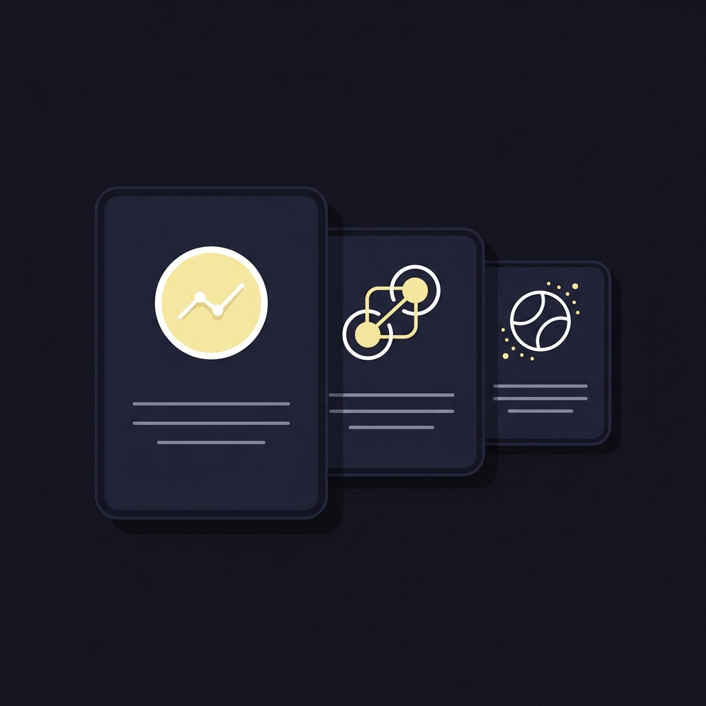 Minimalist 2D vector illustration of three sports event cards representing low variance favorite high variance longshot and correlated positions in Funded Plays colors How to Set a Risk Limit for Every Sports Trade