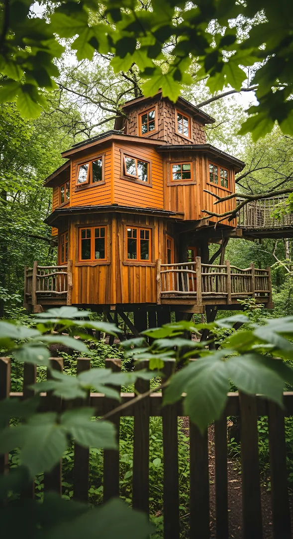 Rustic Wooden Treehouse Retreat Deep in Lush Green Forest