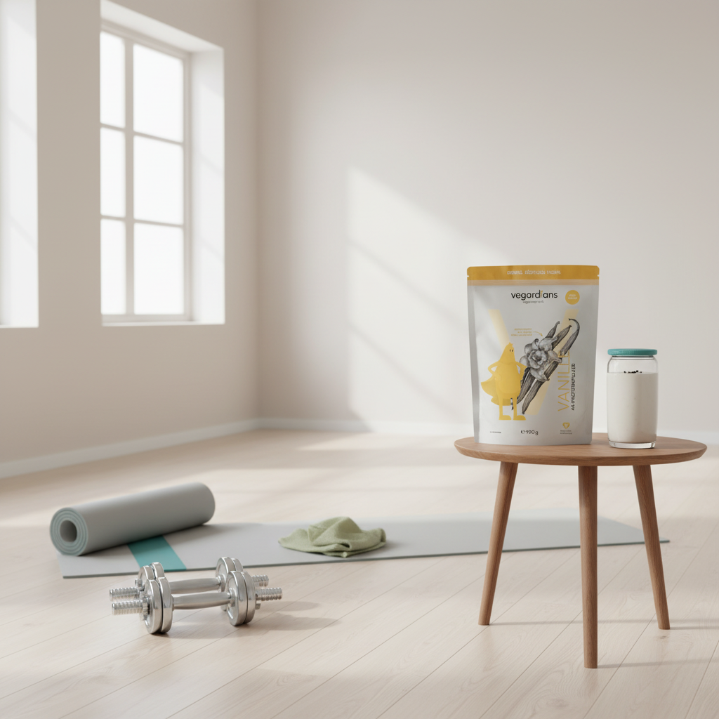 Minimalistischer Trainingsbereich mit Yogamatte, Kurzhanteln, Proteinshake und Vegardians-Produkt auf Holztisch, ideal für Ernährungsplan Gewichtszunahme