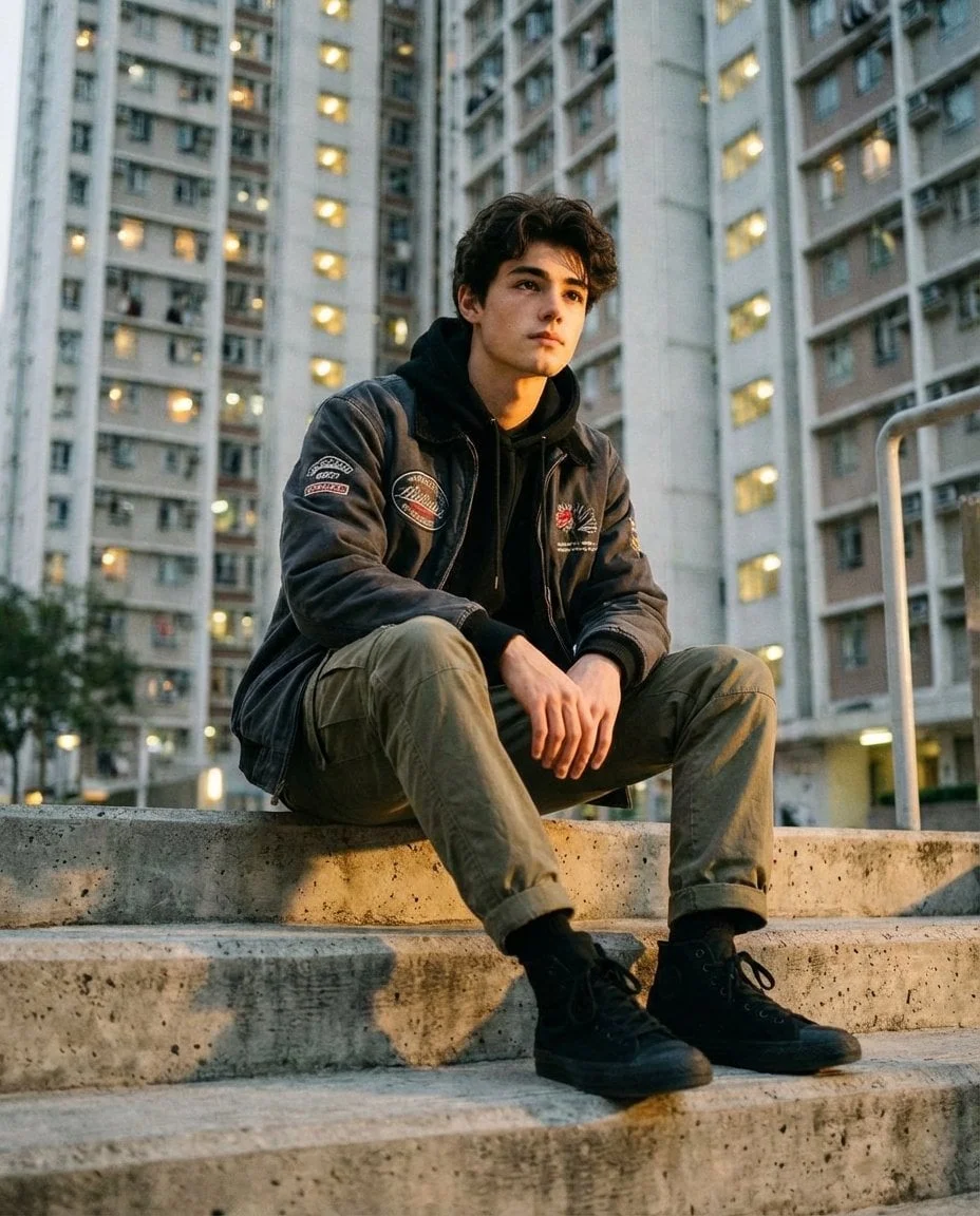 Un joven elegante se sienta con confianza en los escalones de concreto vistos dentro de un denso complejo de viviendas urbanas durante...