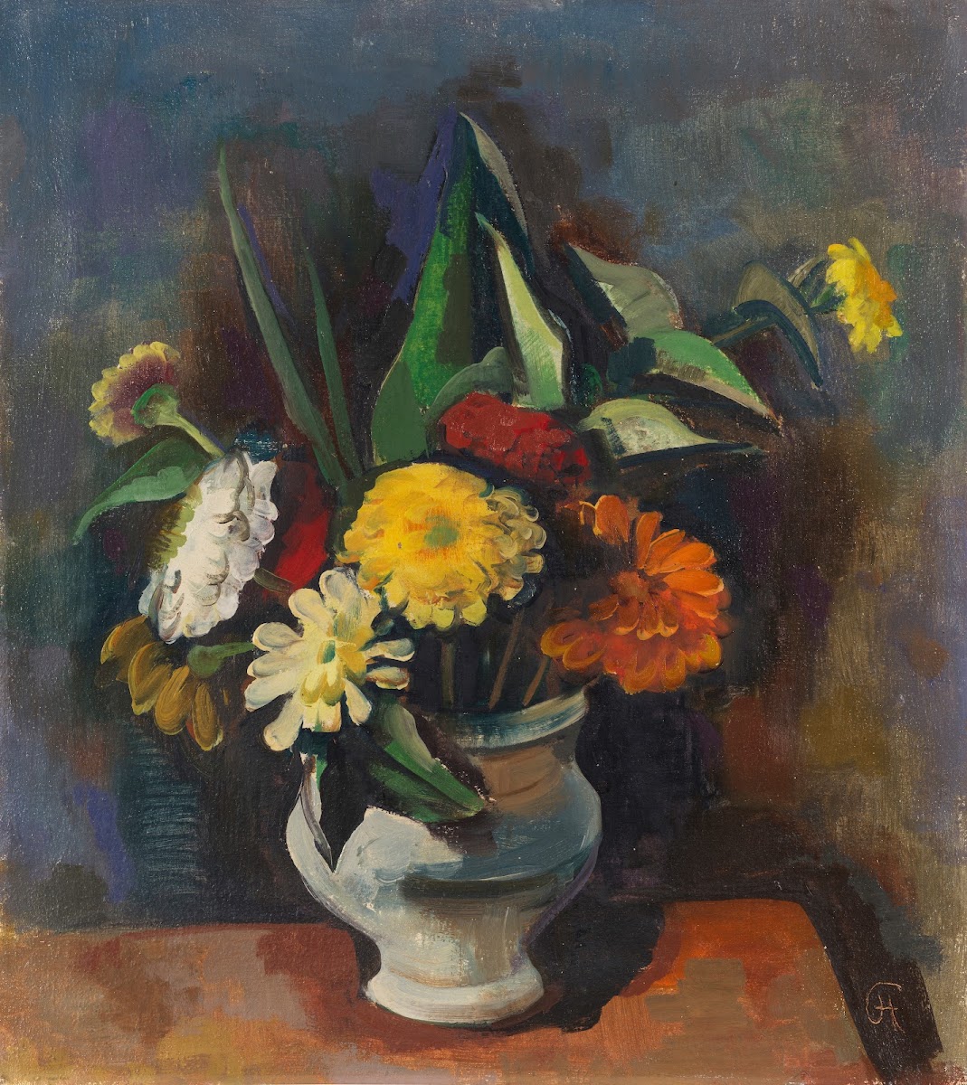 Bouquet of flowers in a gray vase zinnia 1933